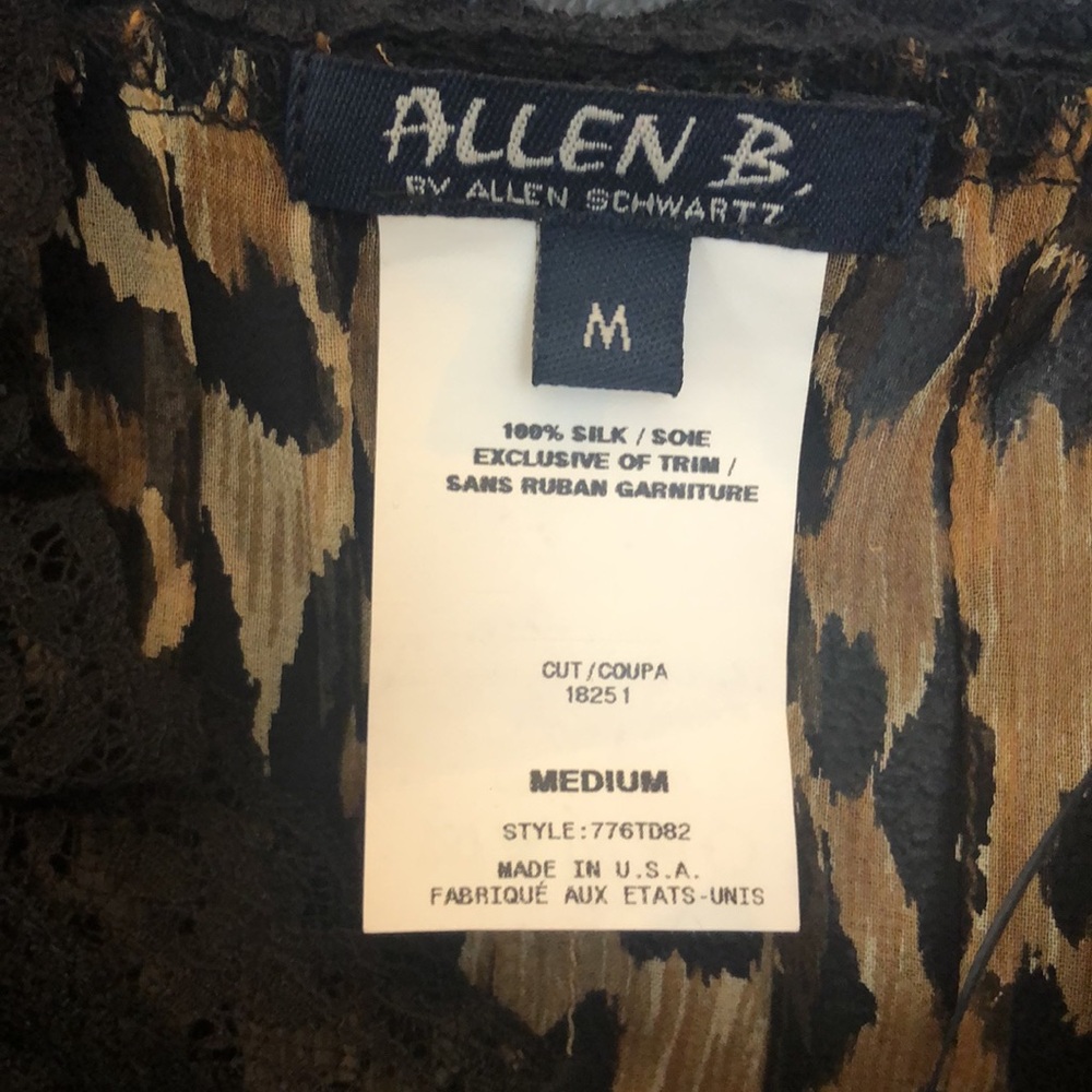 100% SILK Leopard print blouse Medium scrunch bottom lace trim by Allen … - Picture 4 of 6
